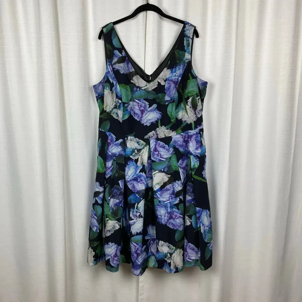 City Chic Black&Purple Floral Sateen Fit&Flare Midi Dress Sz.L/20W - Picture 2 of 13